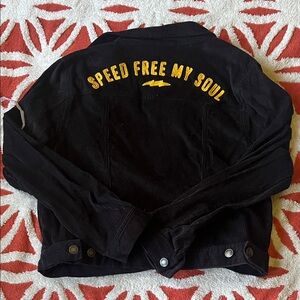 Black Corduroy Utility Jacket with Yellow Embroidered 'Speed Free My Soul'